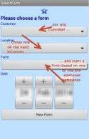 Selecting a customer, location and form template on a device.
